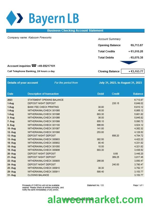 Bayerische Landesbank Bank firm account statement Word and PDF template